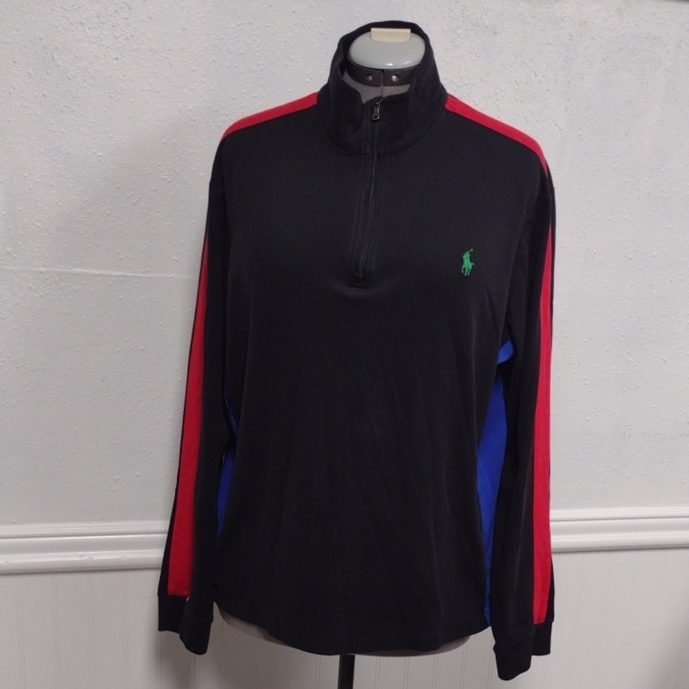 Polo by Ralph Lauren Black Quarter-Zip Sweater with Red Stripes & Blue Panels
